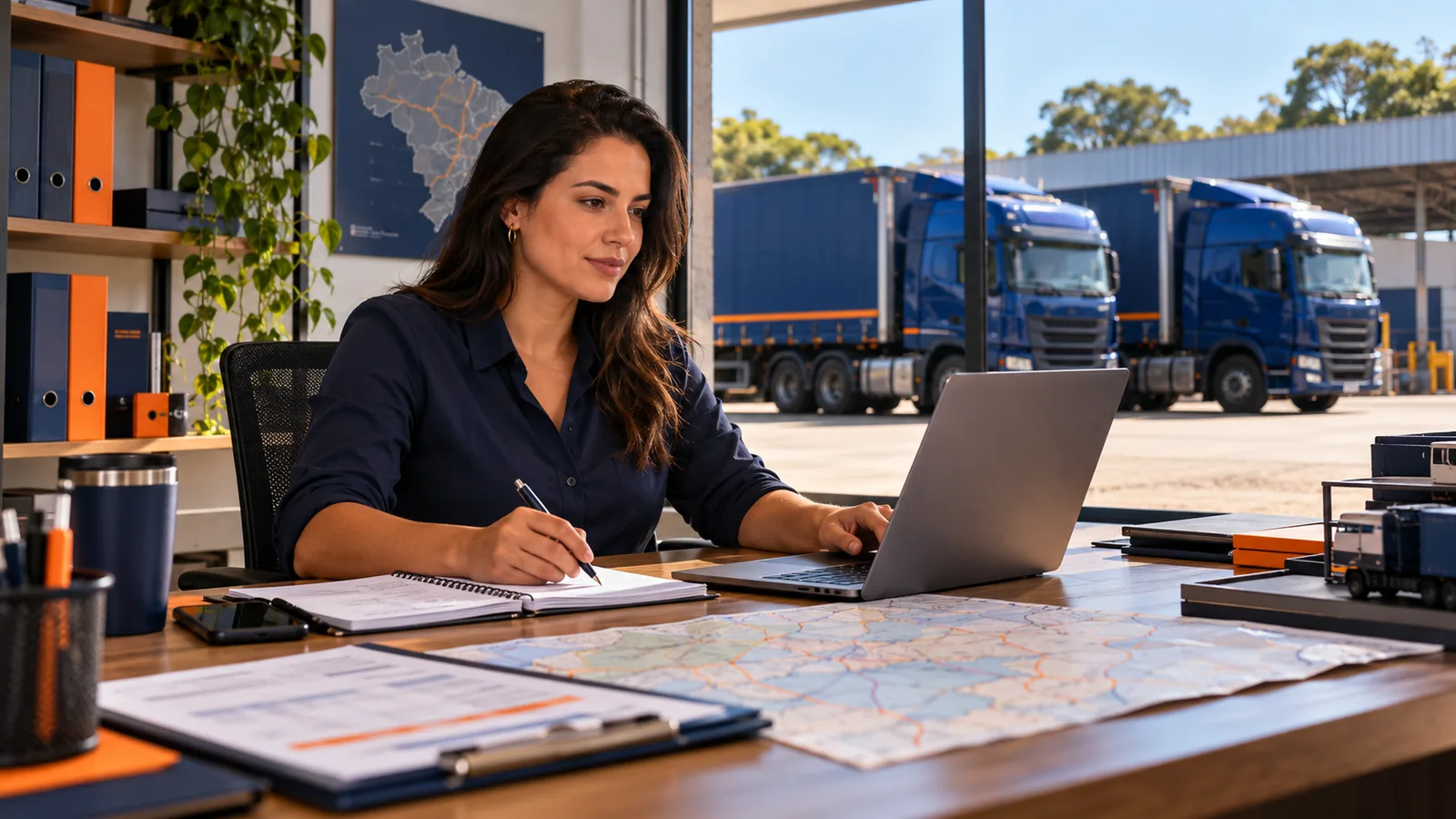 Empreendedora organiza a operação de uma transportadora em escritório com caminhões ao fundo.