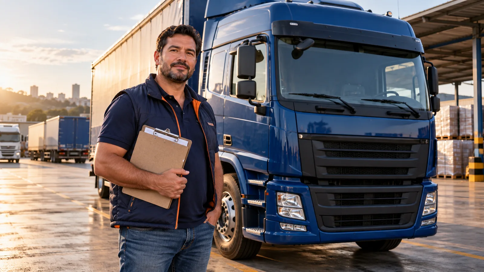 Transportador autônomo com prancheta ao lado de caminhão azul estacionado.