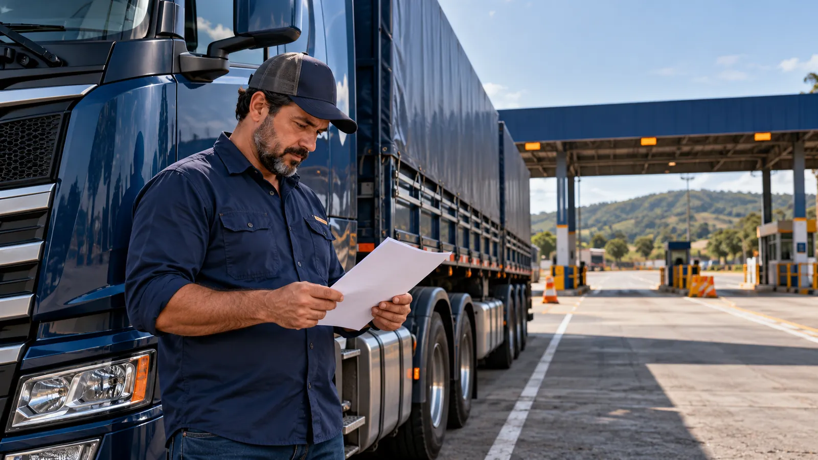 Motorista confere documento ao lado de caminhão azul estacionado em área de inspeção.