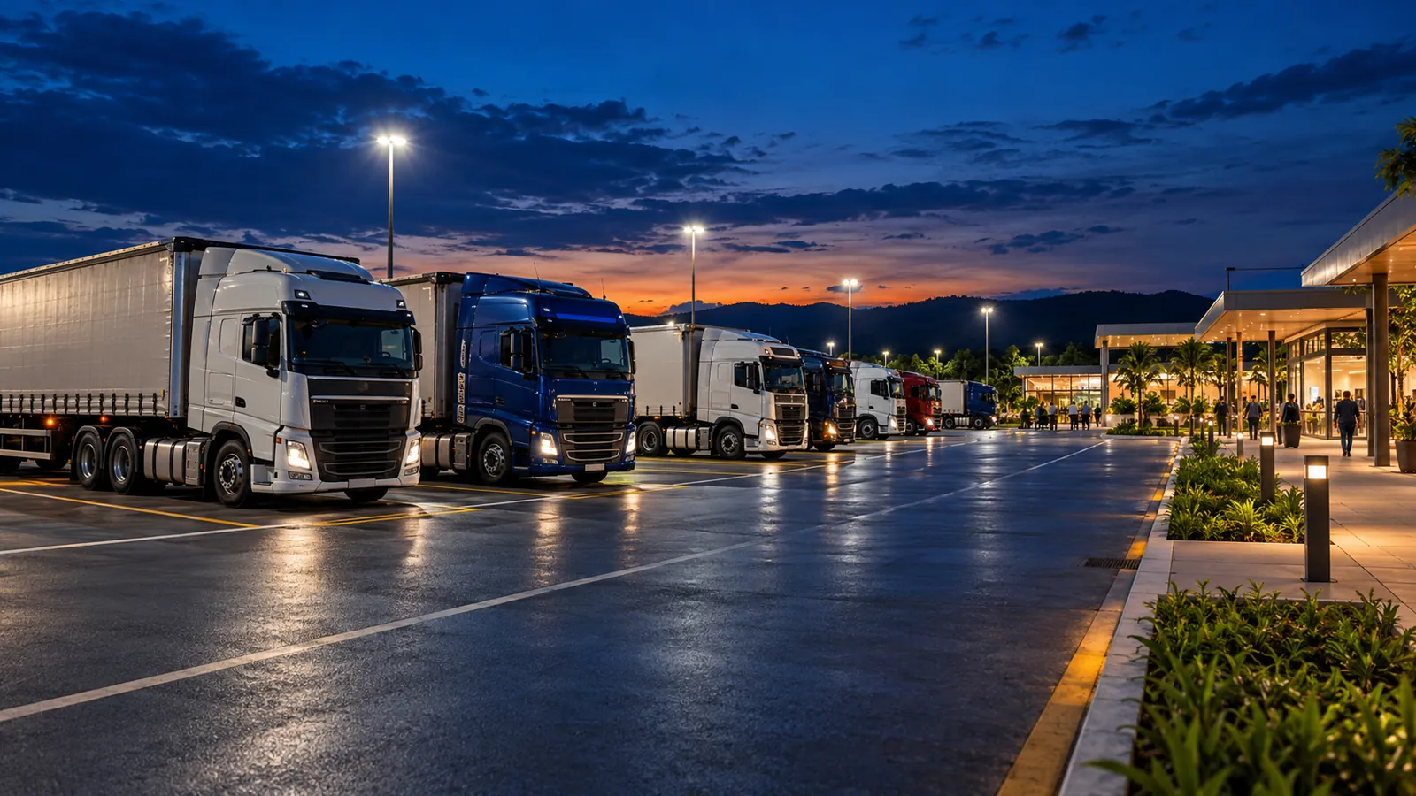 Caminhões estacionados em vagas organizadas de área de descanso iluminada ao anoitecer.