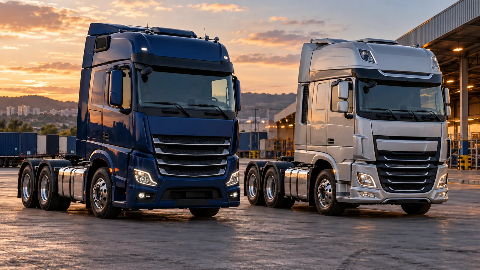 Dois cavalos mecânicos pesados, azul e prata, estacionados lado a lado em pátio logístico.
