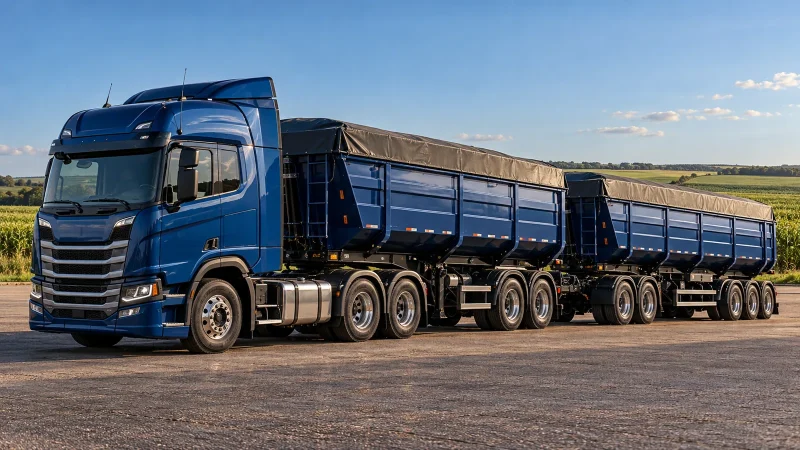 Conjunto articulado azul com dois implementos graneleiros em pátio rural.