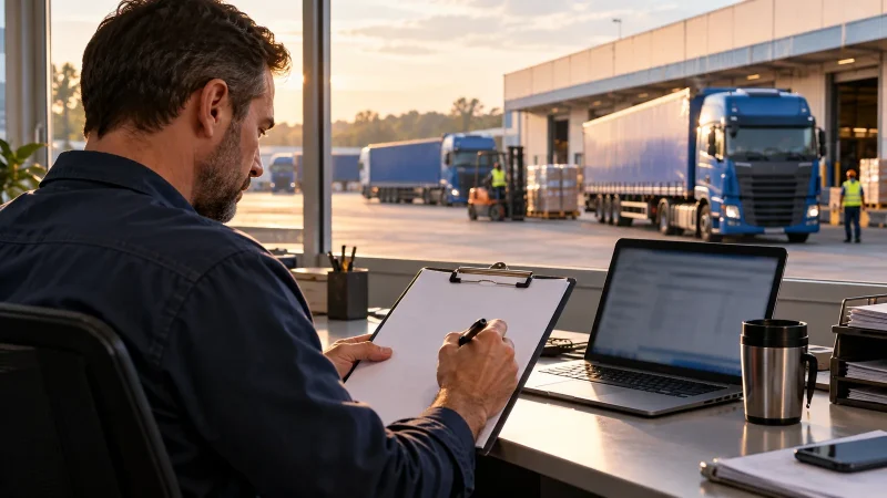 Profissional conferindo documentos de transporte em escritório junto a um centro logístico; imagem ilustrativa gerada por IA.