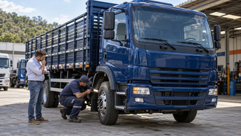 Mecânico e comprador avaliam um caminhão azul em oficina.