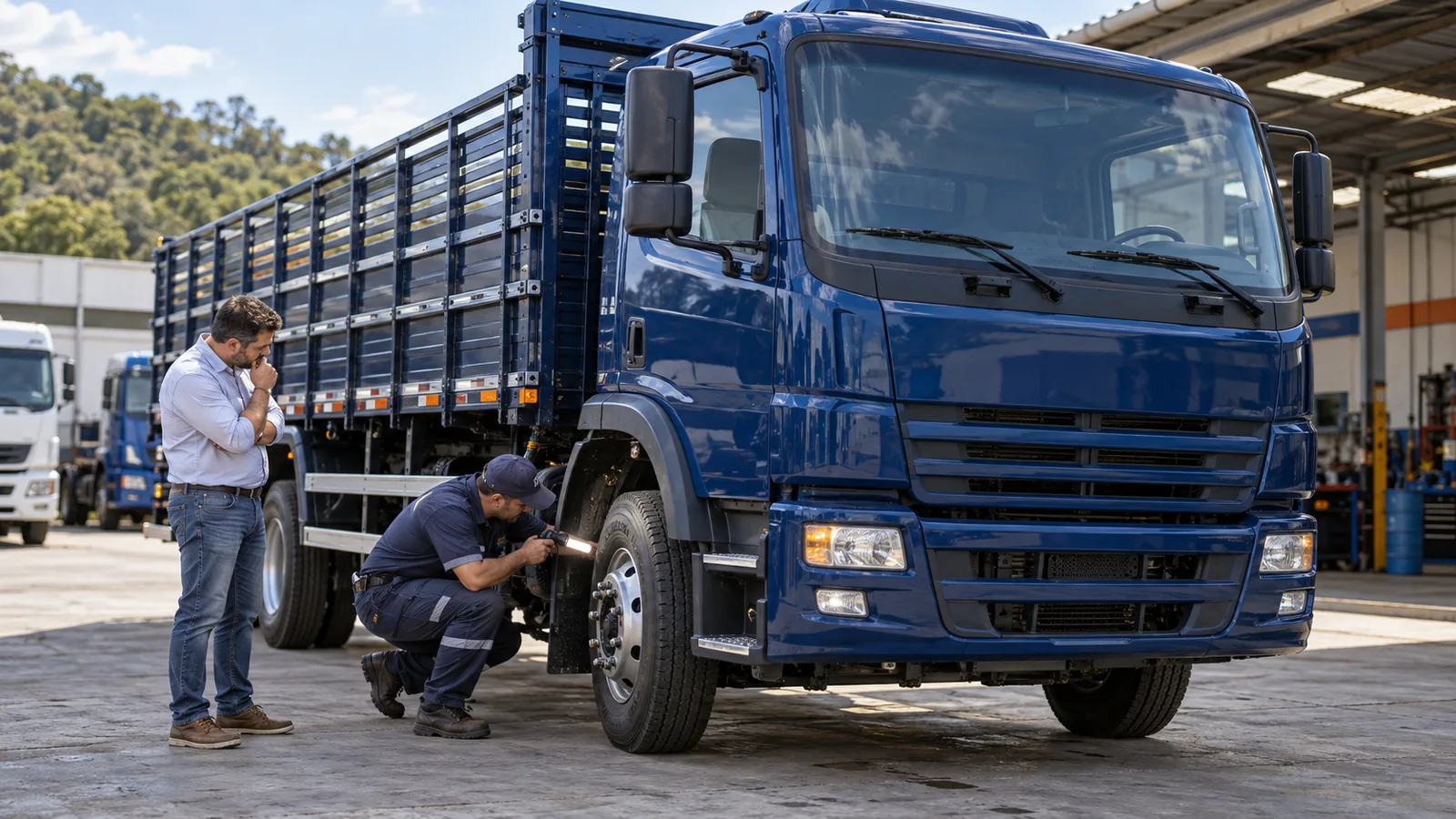Mecânico e comprador avaliam um caminhão azul em oficina.