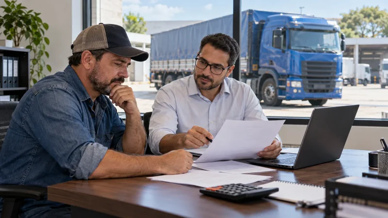 Transportador e consultora analisam documentos para a compra de um caminhão.