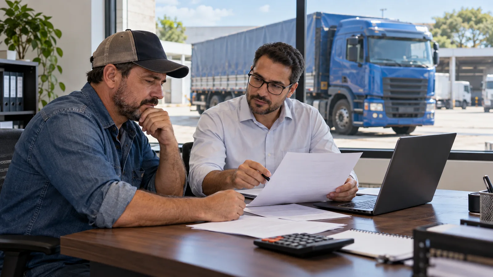 Transportador e consultora analisam documentos para a compra de um caminhão.