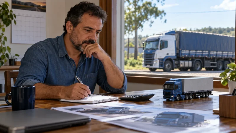 Transportador organiza o orçamento de compra de caminhão com calculadora e calendário.