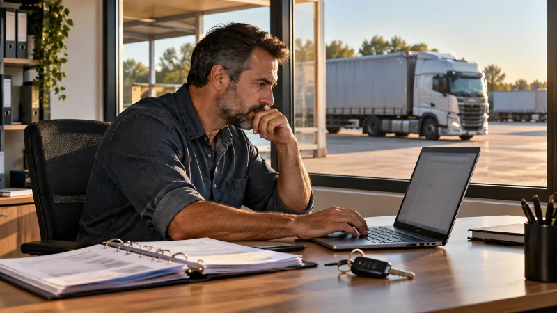 Transportador consultando cadastro no computador em escritório com caminhão ao fundo; imagem ilustrativa gerada por IA.