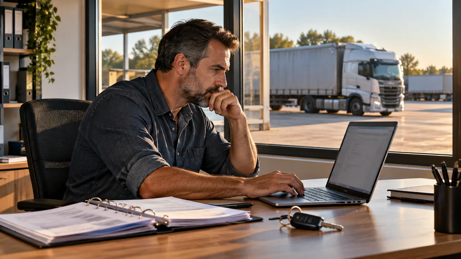 Transportador consultando cadastro no computador em escritório com caminhão ao fundo; imagem ilustrativa gerada por IA.