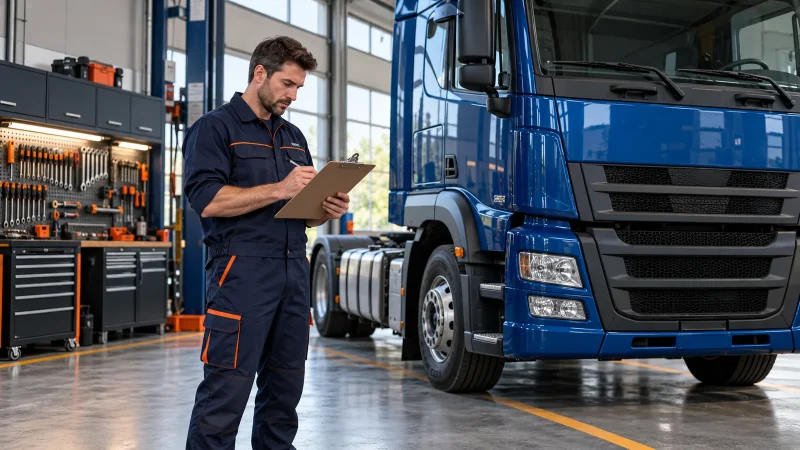 Técnico confere uma lista de manutenção ao lado de um caminhão na oficina.