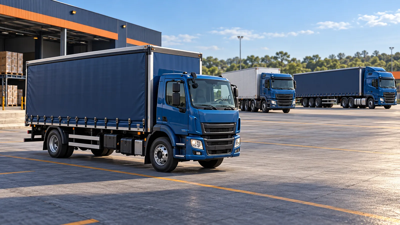 Caminhões de configurações diferentes estacionados em um pátio logístico.