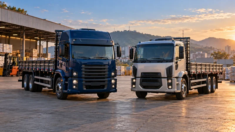 Dois caminhões rígidos 6×2 com carrocerias, azul e prata, estacionados em pátio de distribuição.