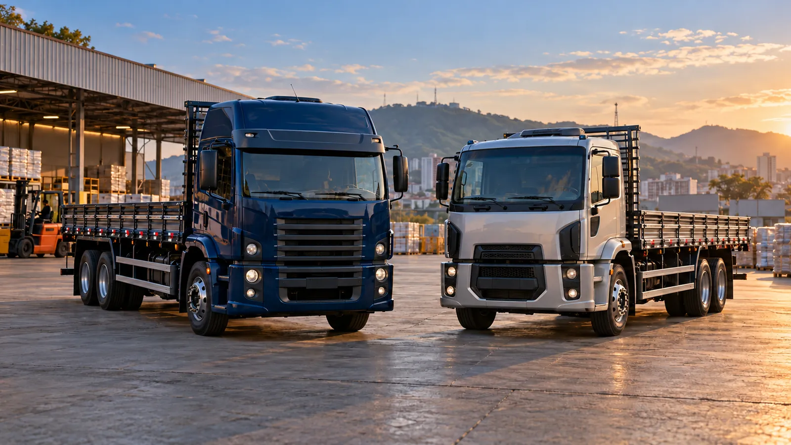 Dois caminhões rígidos 6×2 com carrocerias, azul e prata, estacionados em pátio de distribuição.