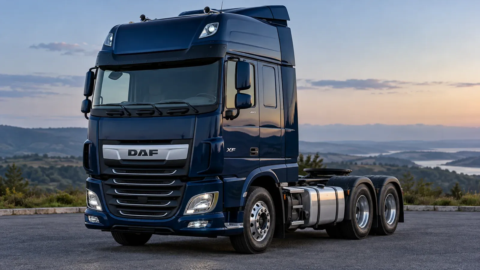 DAF XF 480 6x2 azul, visto em três quartos em cenário rodoviário; imagem ilustrativa gerada por IA.