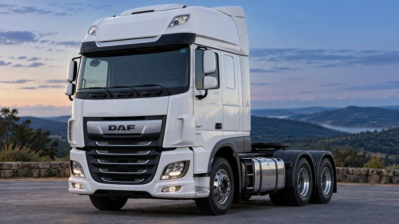 DAF XF 530 6x4 branco, visto em três quartos em cenário rodoviário; imagem ilustrativa gerada por IA.