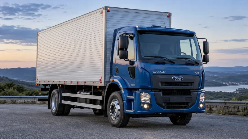 Ford Cargo 1723 4x2 azul com carroceria baú; imagem ilustrativa gerada por IA.
