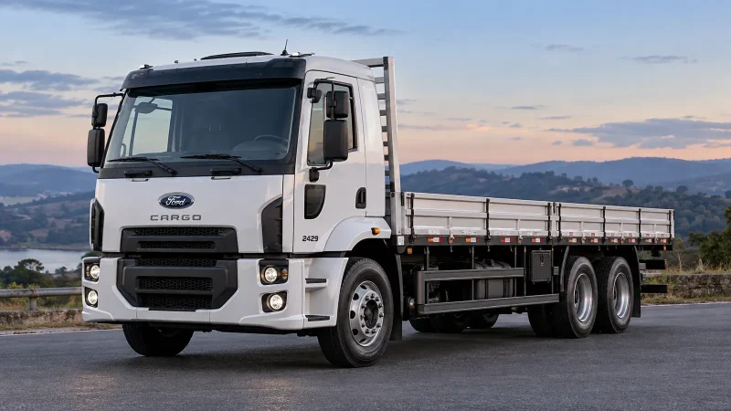 Ford Cargo 2429 6x2 branco com carroceria aberta; imagem ilustrativa gerada por IA.