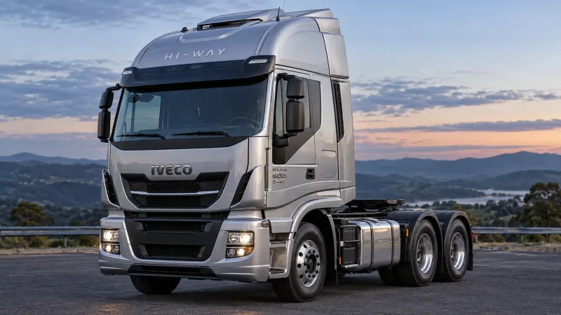 Iveco Hi-Way 600S44T 6x2 prata, visto em três quartos; imagem ilustrativa gerada por IA.