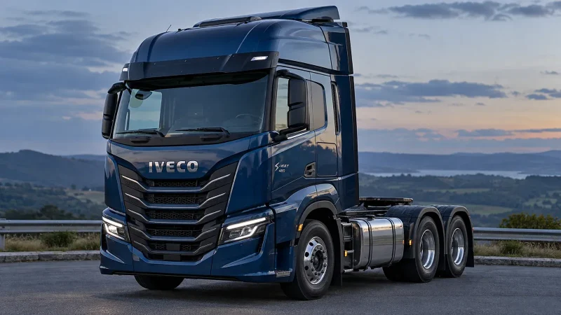 Iveco S-Way 480 6x2 azul, visto em três quartos; imagem ilustrativa gerada por IA.