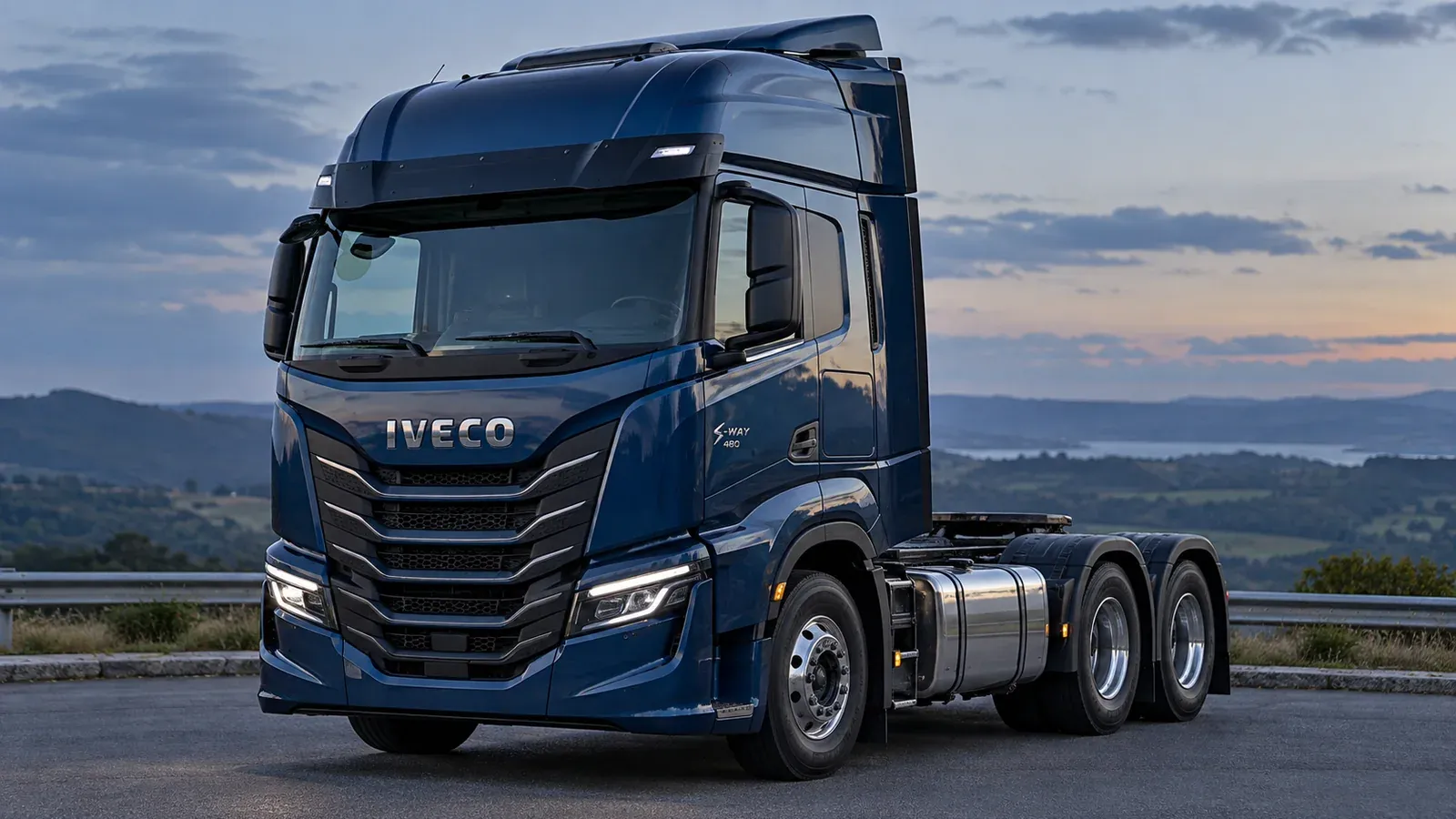 Iveco S-Way 480 6x2 azul, visto em três quartos; imagem ilustrativa gerada por IA.