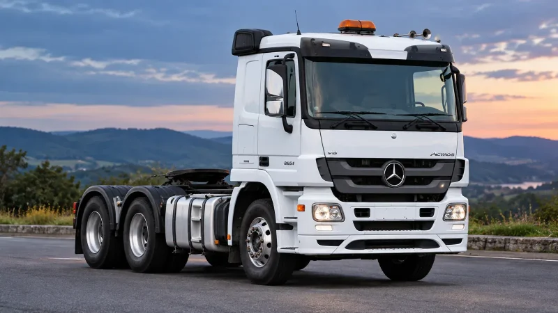 Mercedes-Benz Actros 2651 branco, visto em três quartos em cenário rodoviário; imagem ilustrativa gerada por IA.