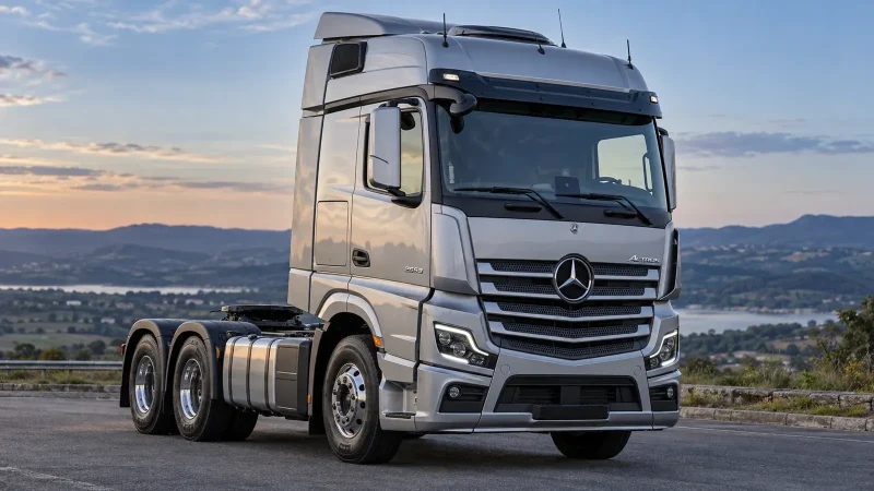 Mercedes-Benz Actros 2653 6x4 prata, visto em três quartos; imagem ilustrativa gerada por IA.