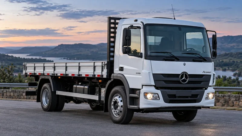 Mercedes-Benz Atego 1719 4x2 branco com carroceria aberta; imagem ilustrativa gerada por IA.