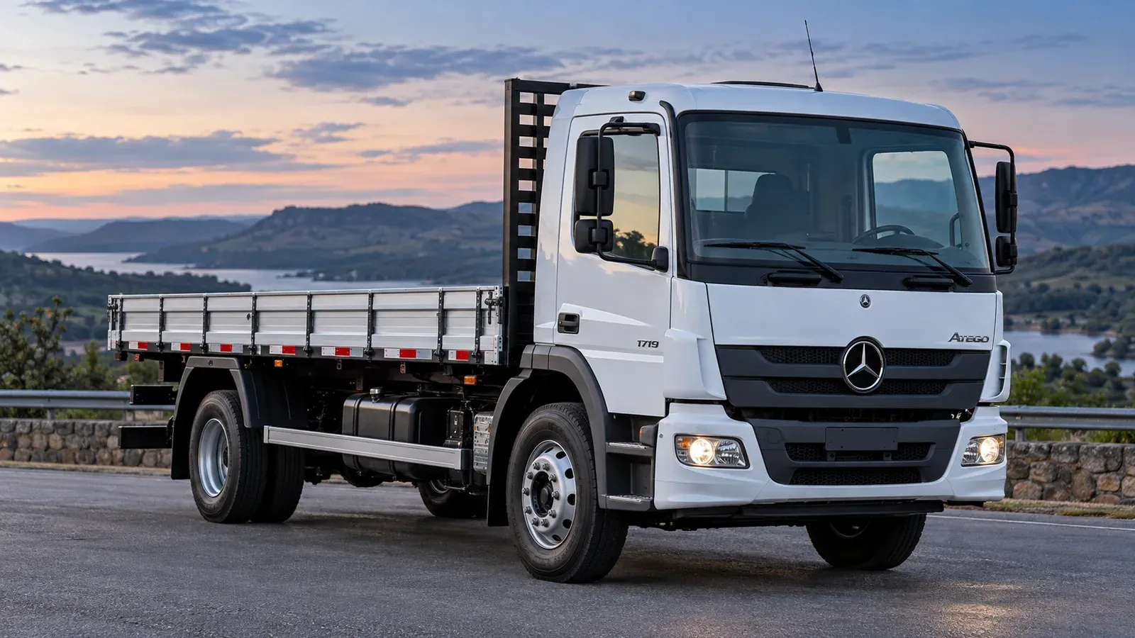 Mercedes-Benz Atego 1719 4x2 branco com carroceria aberta; imagem ilustrativa gerada por IA.