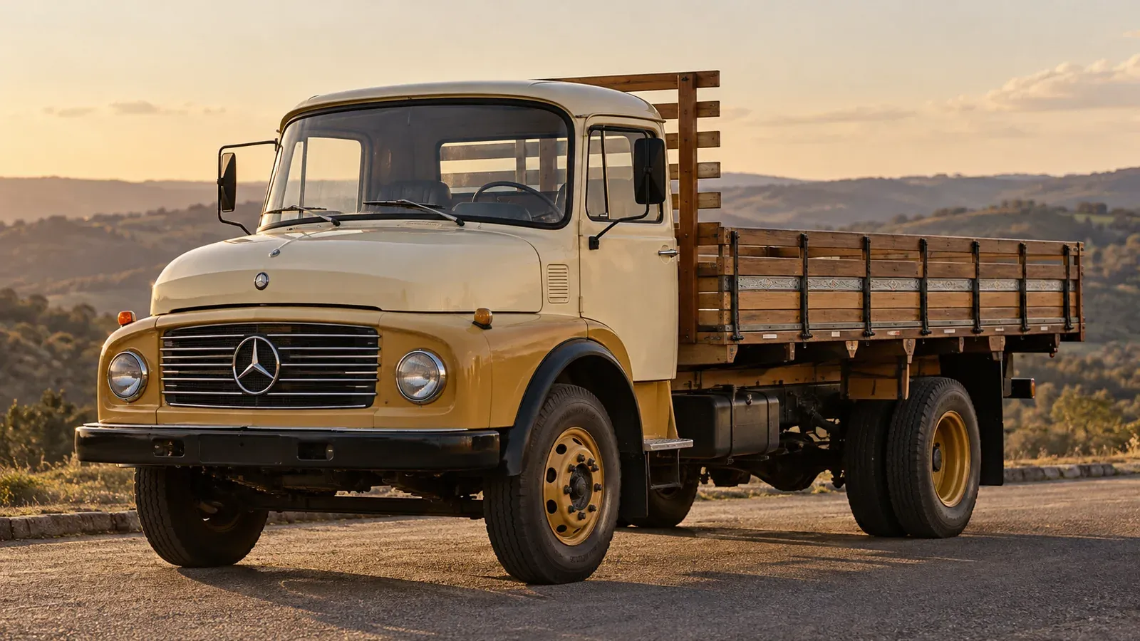 Mercedes-Benz L-1113 creme e ocre com carroceria de madeira ao pôr do sol; imagem ilustrativa gerada por IA.