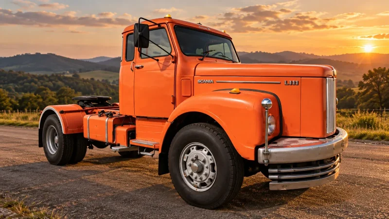 Scania L 111 laranja em cenário rural ao pôr do sol; imagem ilustrativa gerada por IA.