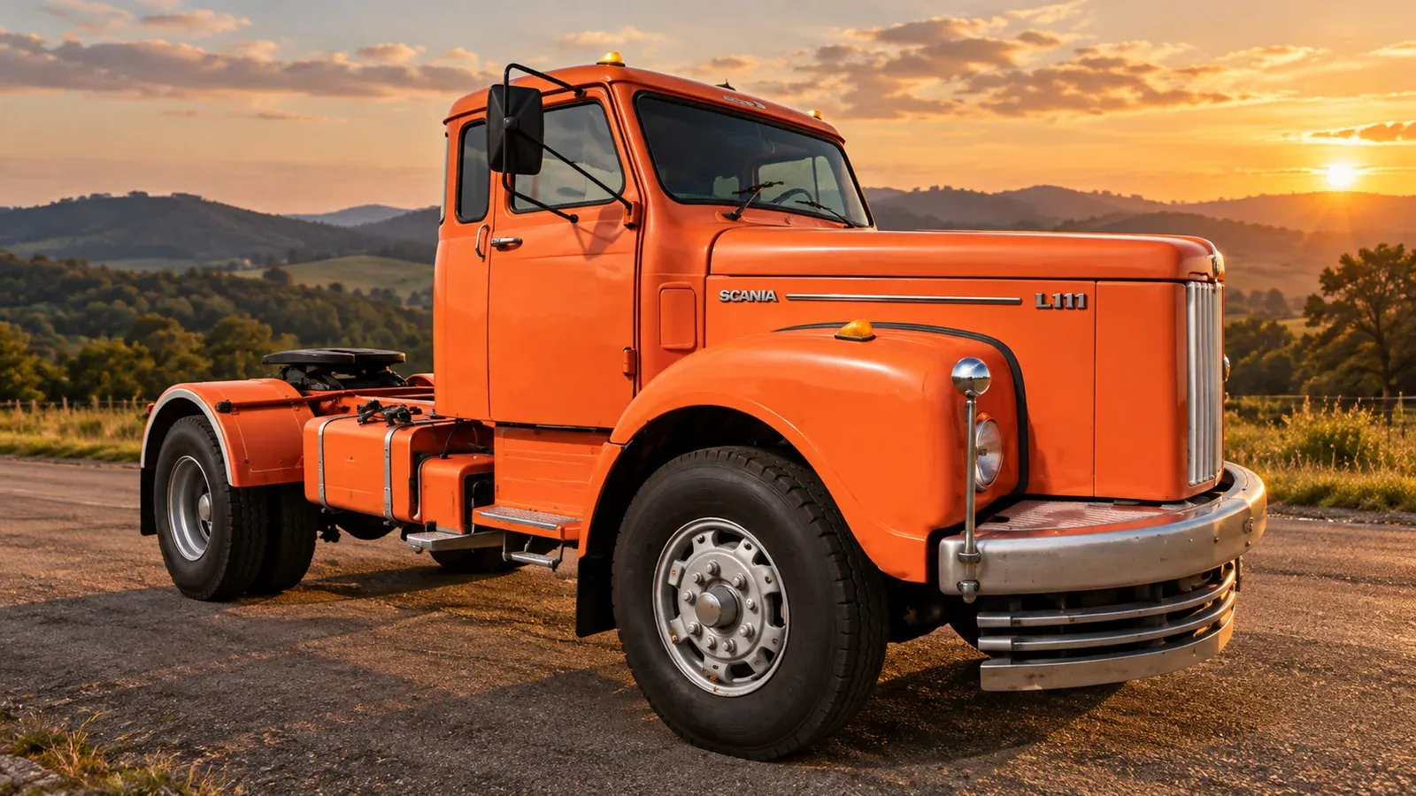 Scania L 111 laranja em cenário rural ao pôr do sol; imagem ilustrativa gerada por IA.
