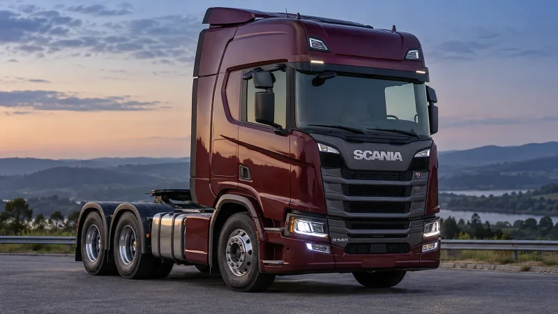 Scania R 540 6x4 vinho, visto em três quartos em cenário rodoviário; imagem ilustrativa gerada por IA.