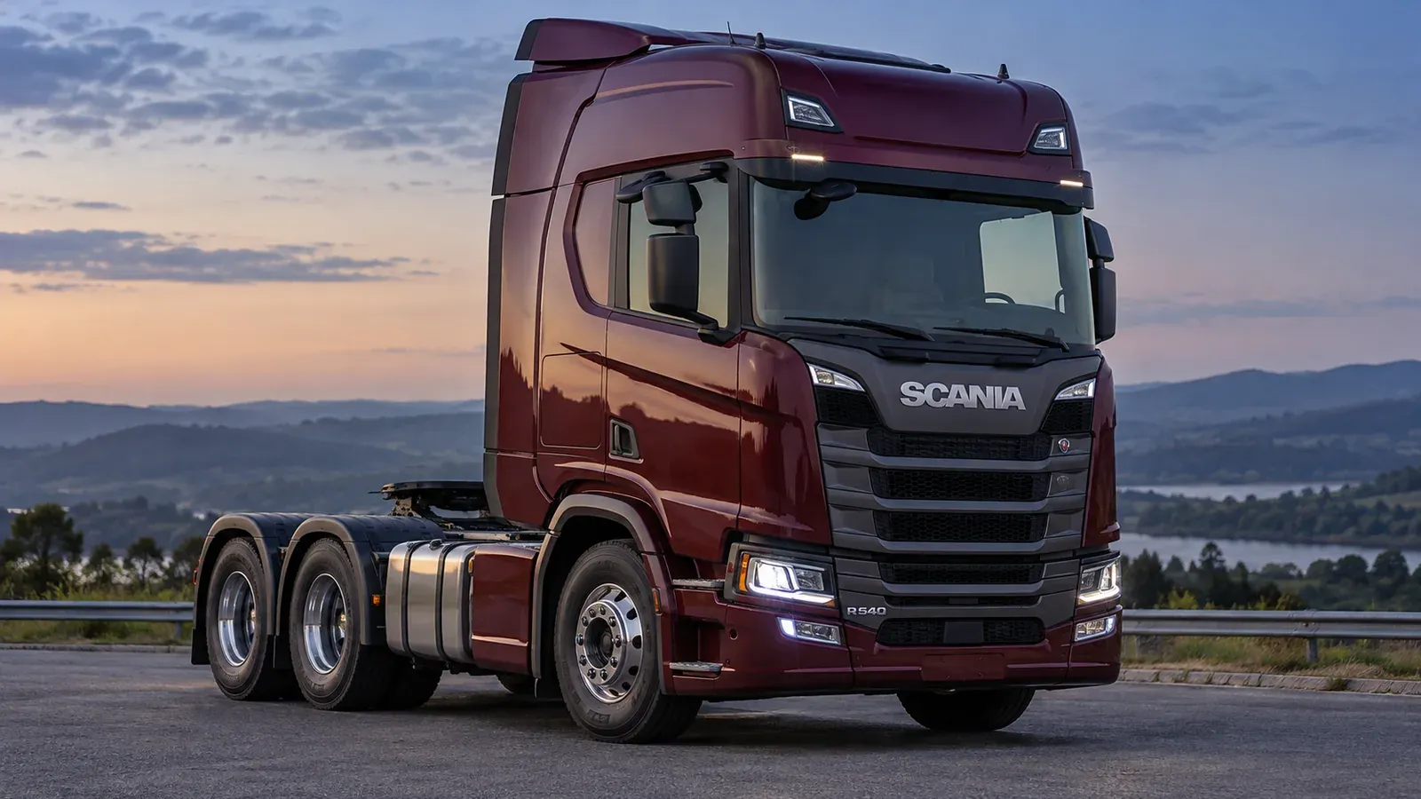 Scania R 540 6x4 vinho, visto em três quartos em cenário rodoviário; imagem ilustrativa gerada por IA.