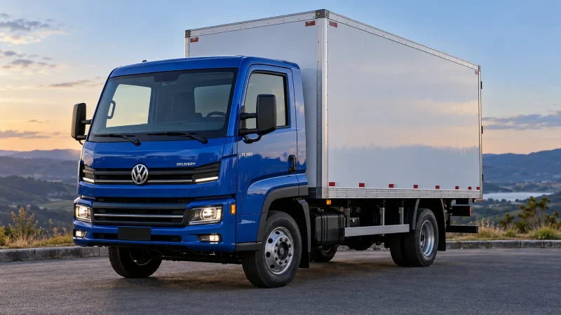 Volkswagen Delivery 11.180 4x2 azul com carroceria baú, visto em três quartos; imagem ilustrativa gerada por IA.