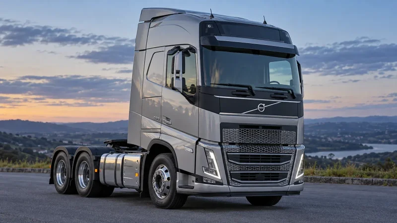 Volvo FH 460 6x2 prata, visto em três quartos em cenário rodoviário; imagem ilustrativa gerada por IA.