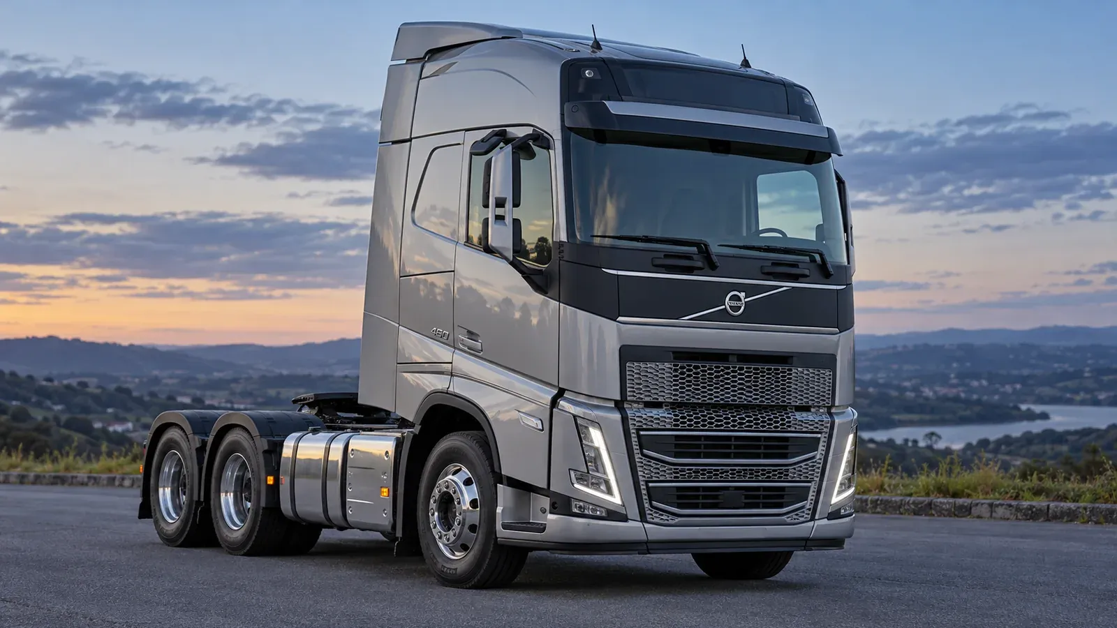 Volvo FH 460 6x2 prata, visto em três quartos em cenário rodoviário; imagem ilustrativa gerada por IA.