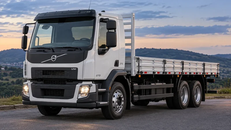 Volvo VM 270 6x2 branco com carroceria aberta, visto em três quartos; imagem ilustrativa gerada por IA.